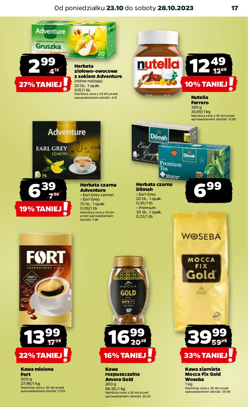 Gazetka promocyjna Netto - Artykuły spożywcze - ważna 23.10 do 28.10.2023 - strona 17 - produkty: Dilmah, Earl Grey, Ferrero, Herbata, Herbata czarna, Kawa, Kawa mielona, Kawa rozpuszczalna, Kawa ziarnista, Mocca Fix Gold, Nutella, Sok, Woseba