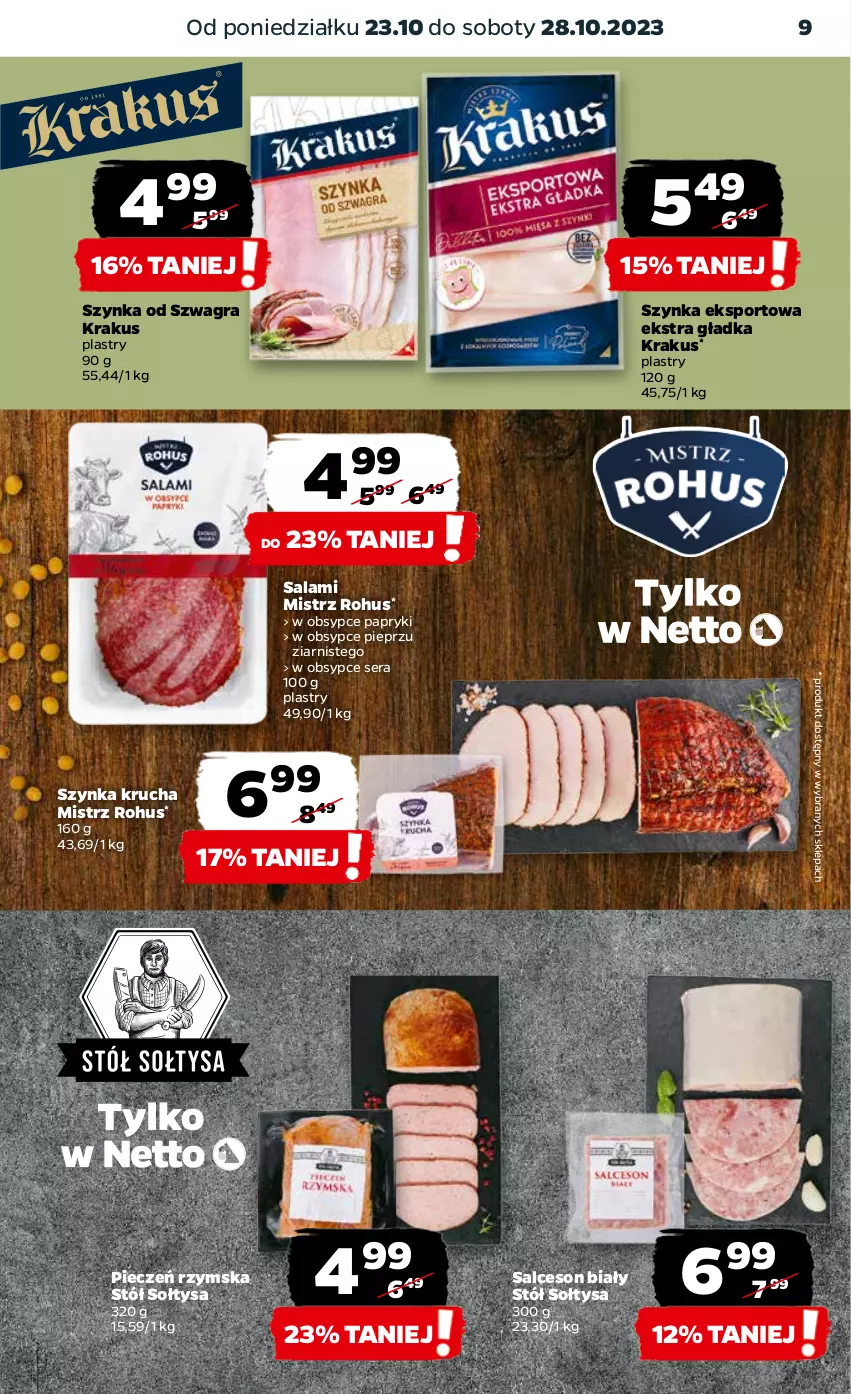 Gazetka promocyjna Netto - Artykuły spożywcze - ważna 23.10 do 28.10.2023 - strona 9 - produkty: Gra, Krakus, Piec, Pieczeń rzymska, Pieprz, Por, Salami, Salceson, Ser, Sport, Stół, Szynka