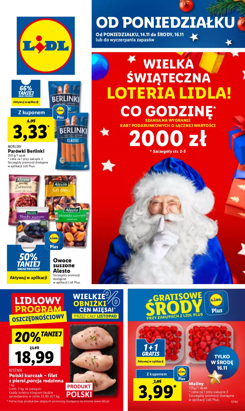 Gazetka promocyjna Lidl - GAZETKA - ważna 14.11 do 16.11.2022 - strona 1 - produkty: Berlinki, Gra, Kurczak, Maliny, Morliny, Olej, Owoce, Owoce suszone, Parówki, Por, Top