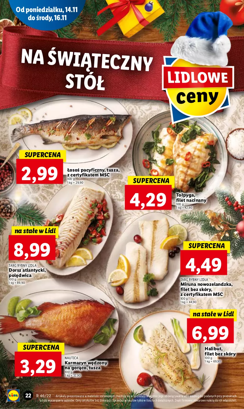 Gazetka promocyjna Lidl - GAZETKA - ważna 14.11 do 16.11.2022 - strona 32 - produkty: Dorsz, Halibut, Karmazyn wędzony, Miruna, Polędwica, Stół, Tołpyga, Tusz