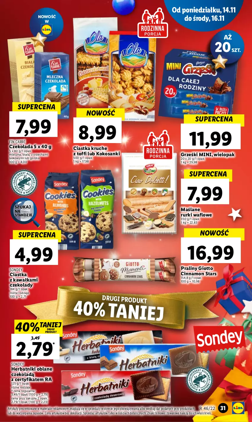 Gazetka promocyjna Lidl - GAZETKA - ważna 14.11 do 16.11.2022 - strona 41 - produkty: Ciastka, Czekolada, Grześki, Herbatniki, Kawa, Kokos, Praliny, Rurki, Sanki