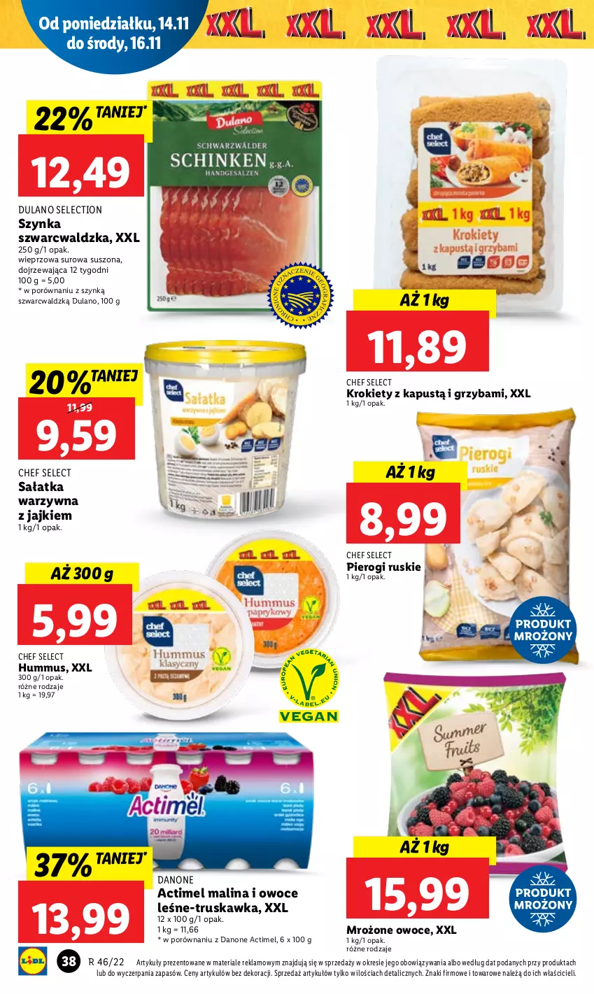 Gazetka promocyjna Lidl - GAZETKA - ważna 14.11 do 16.11.2022 - strona 48 - produkty: Actimel, Danone, Dulano, Hummus, Kapustą, Krokiety, Mus, Owoce, Pierogi, Por, Sałat, Sałatka, Sałatka warzywna, Szynka