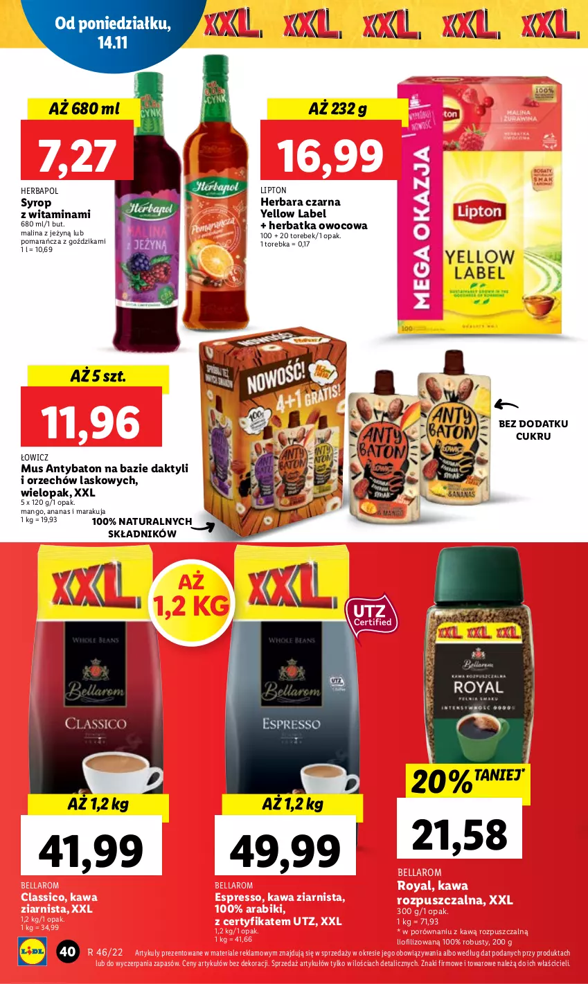 Gazetka promocyjna Lidl - GAZETKA - ważna 14.11 do 16.11.2022 - strona 50 - produkty: Ananas, Baton, Bell, Bella, Herbapol, Kawa, Kawa rozpuszczalna, Kawa ziarnista, Lipton, Mango, Mus, Por, Syrop, Torebka