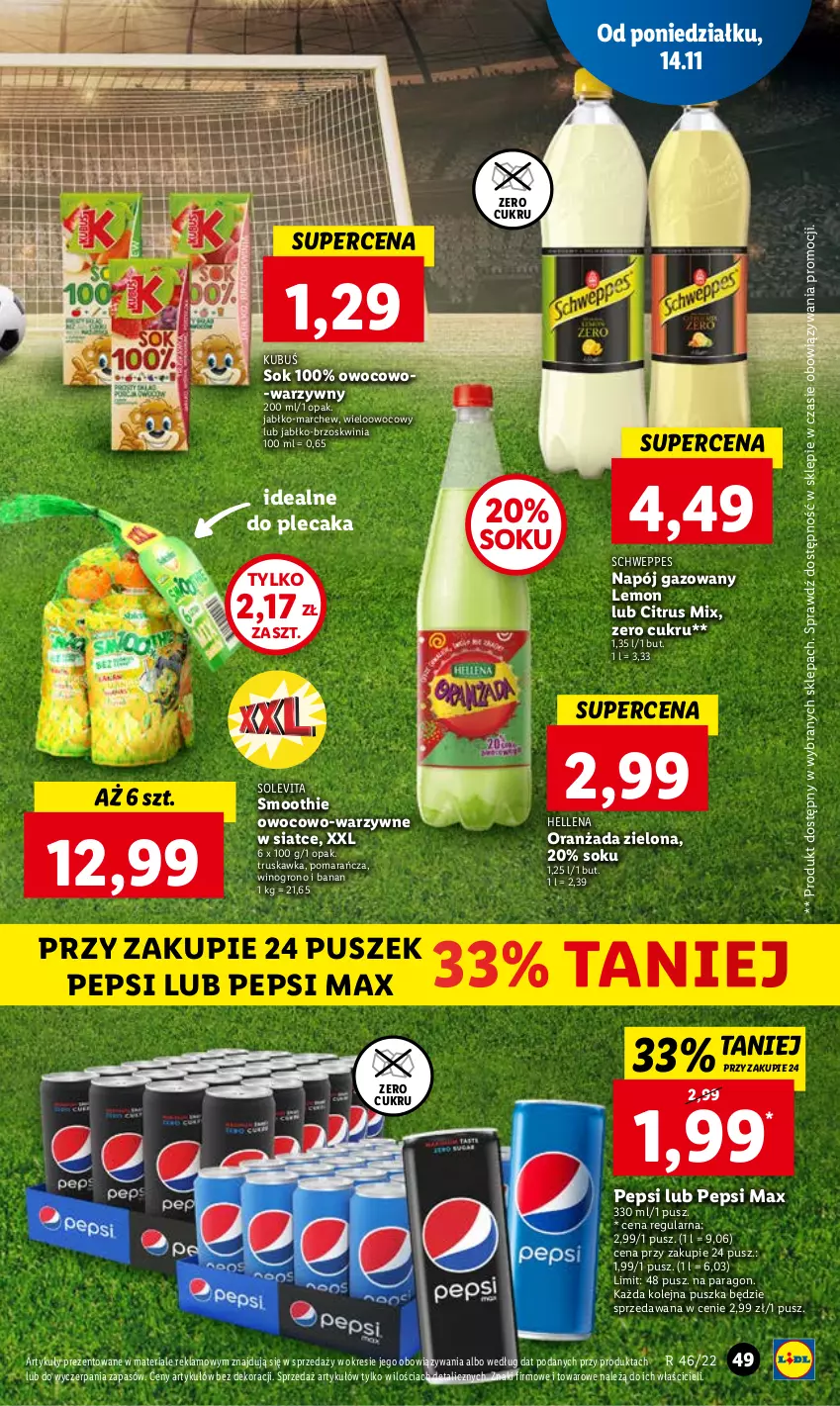 Gazetka promocyjna Lidl - GAZETKA - ważna 14.11 do 16.11.2022 - strona 59 - produkty: Hellena, Kubuś, Napój, Napój gazowany, Olej, Oranżada, Pepsi, Pepsi max, Plecak, Schweppes, Smoothie, Sok, Wino