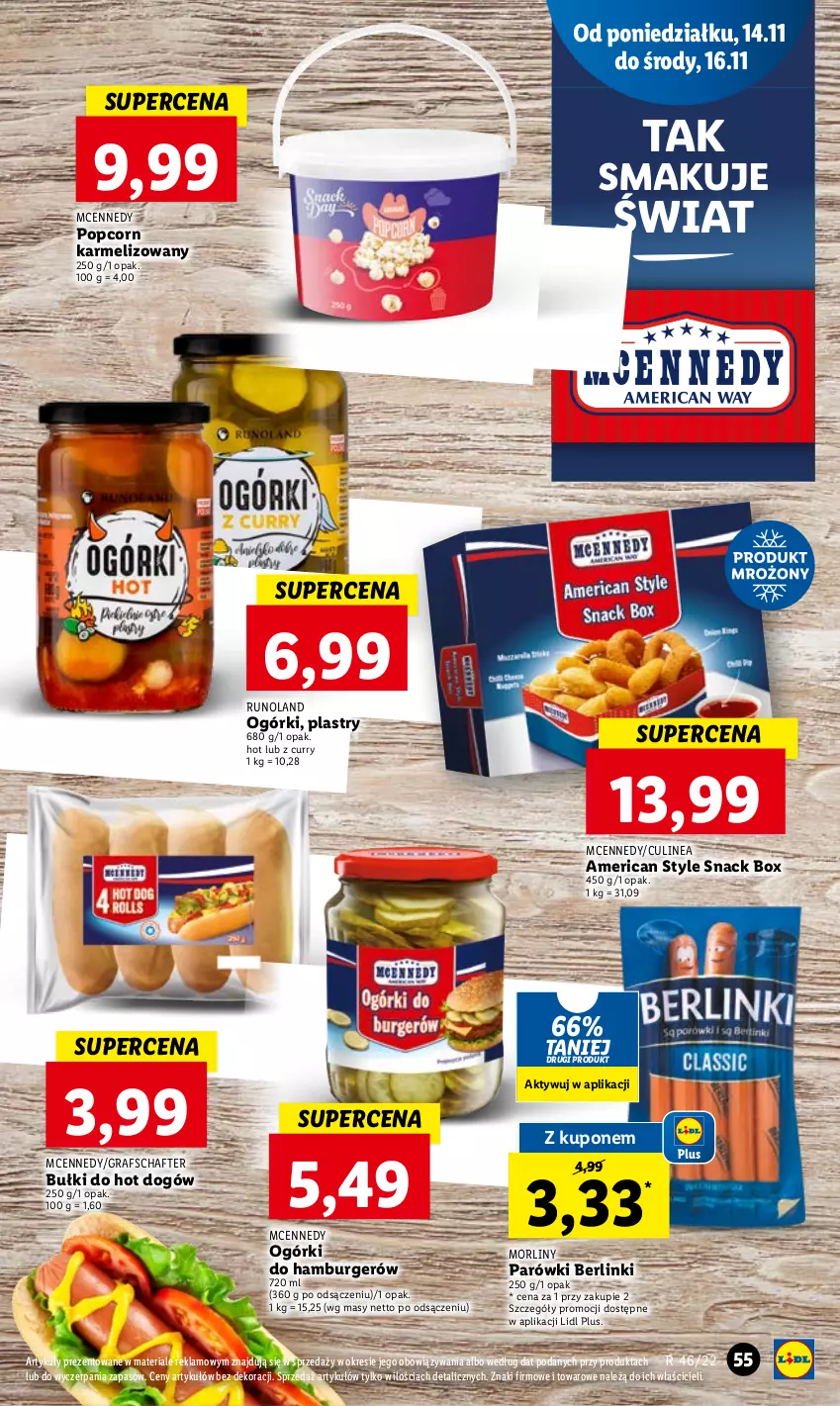 Gazetka promocyjna Lidl - GAZETKA - ważna 14.11 do 16.11.2022 - strona 65 - produkty: Berlinki, Bułki do hot dogów, Burger, Gra, Hamburger, Hot dog, Morliny, Parówki, Popcorn, Runoland