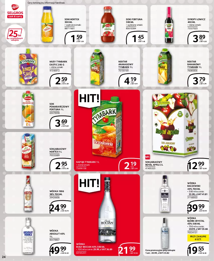 Gazetka promocyjna Selgros - Extra Oferta - ważna 14.07 do 27.07.2022 - strona 24 - produkty: Absolut, Ananas, Biały Bocian, Fortuna, Hortex, Mus, Napoje, Nektar, Nektar bananowy, Sok, Sok jabłkowy, Sok pomarańczowy, Syrop, Syropy, Tymbark, Wódka