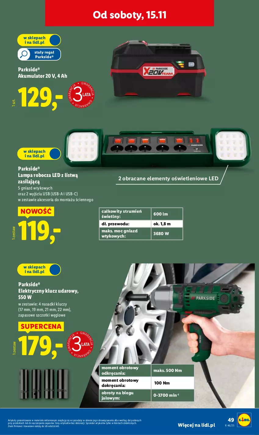 Gazetka promocyjna Lidl - GAZETKA - ważna 10.11 do 15.11.2025 - strona 53 - produkty: Akumulator, Klucz udarowy, Lampa, Lampa robocza LED, Parkside, Regał, Rum