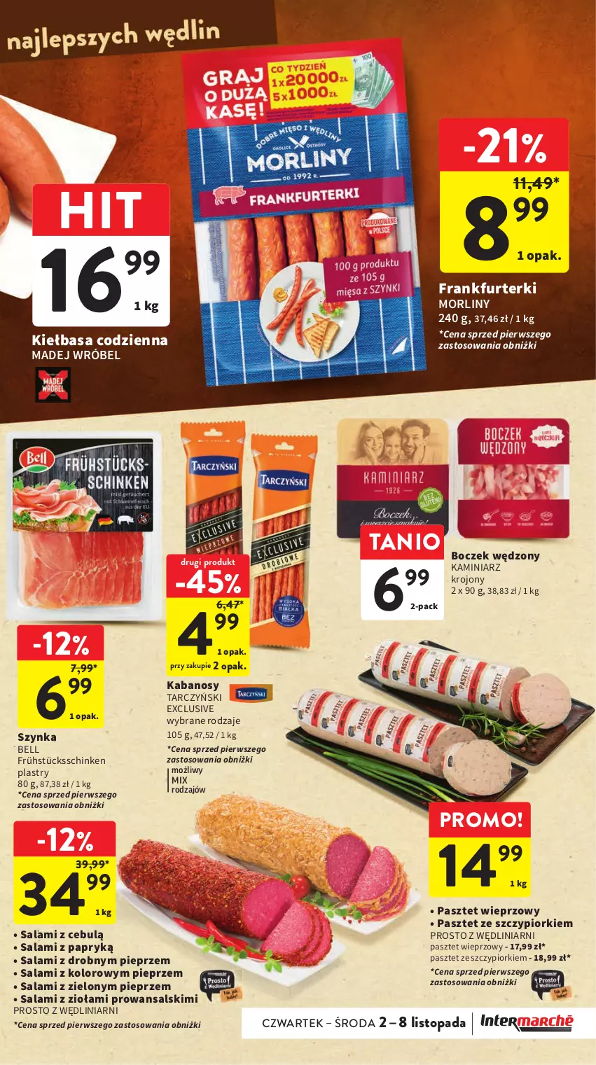 Gazetka promocyjna Intermarche - Gazetka Intermarche - ważna 02.11 do 08.11.2023 - strona 13 - produkty: Bell, Boczek, Frankfurterki, Kabanos, Kiełbasa, Madej Wróbel, Morliny, Pasztet, Pieprz, Salami, Salami z papryką, Szynka, Tarczyński, Top