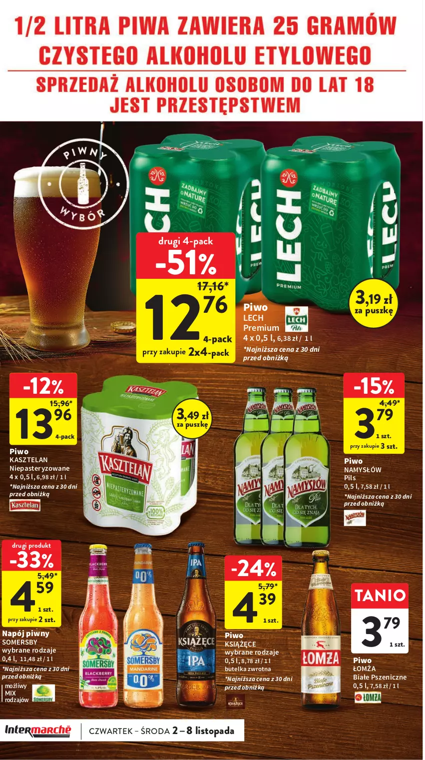 Gazetka promocyjna Intermarche - Gazetka Intermarche - ważna 02.11 do 08.11.2023 - strona 34 - produkty: Kasztelan, Książęce, Lech Premium, Namysłów, Napój, Piwo, Somersby, Top