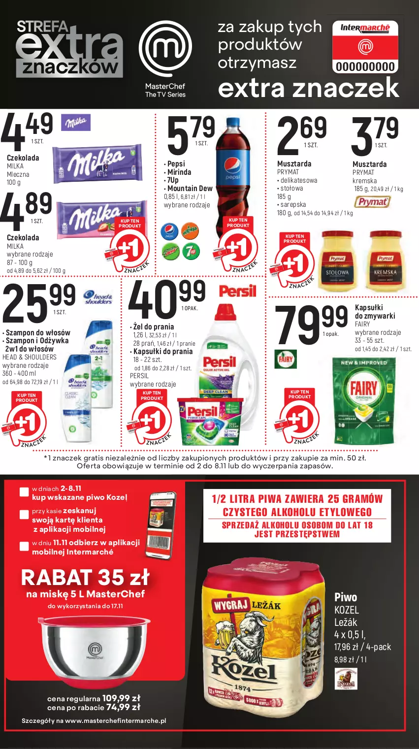 Gazetka promocyjna Intermarche - Gazetka Intermarche - ważna 02.11 do 08.11.2023 - strona 7 - produkty: 7up, Czekolada, Fa, Fairy, Gra, Kapsułki do prania, Kozel, Milka, Mirinda, Mobil, Mus, Musztarda, Odżywka, Pepsi, Persil, Piwa, Piwo, Prymat, Szampon, Zmywarki