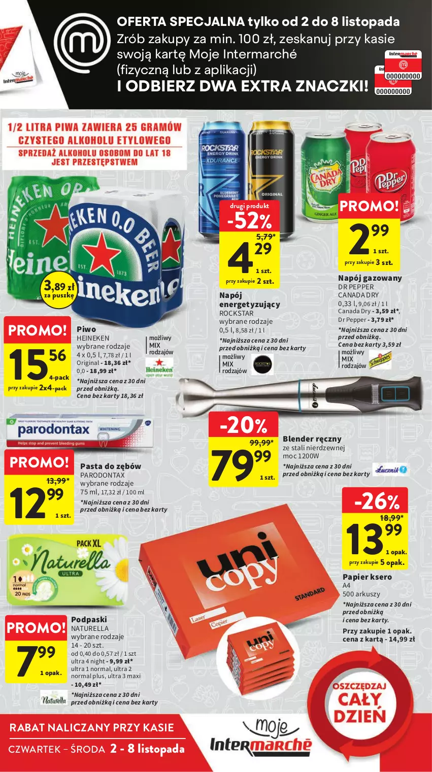 Gazetka promocyjna Intermarche - Gazetka Intermarche - ważna 02.11 do 08.11.2023 - strona 9 - produkty: Blender, Blender ręczny, Gin, Heineken, Napój, Napój gazowany, Naturell, Naturella, Papier, Parodontax, Pasta do zębów, Piwo, Podpaski, Ser, Top