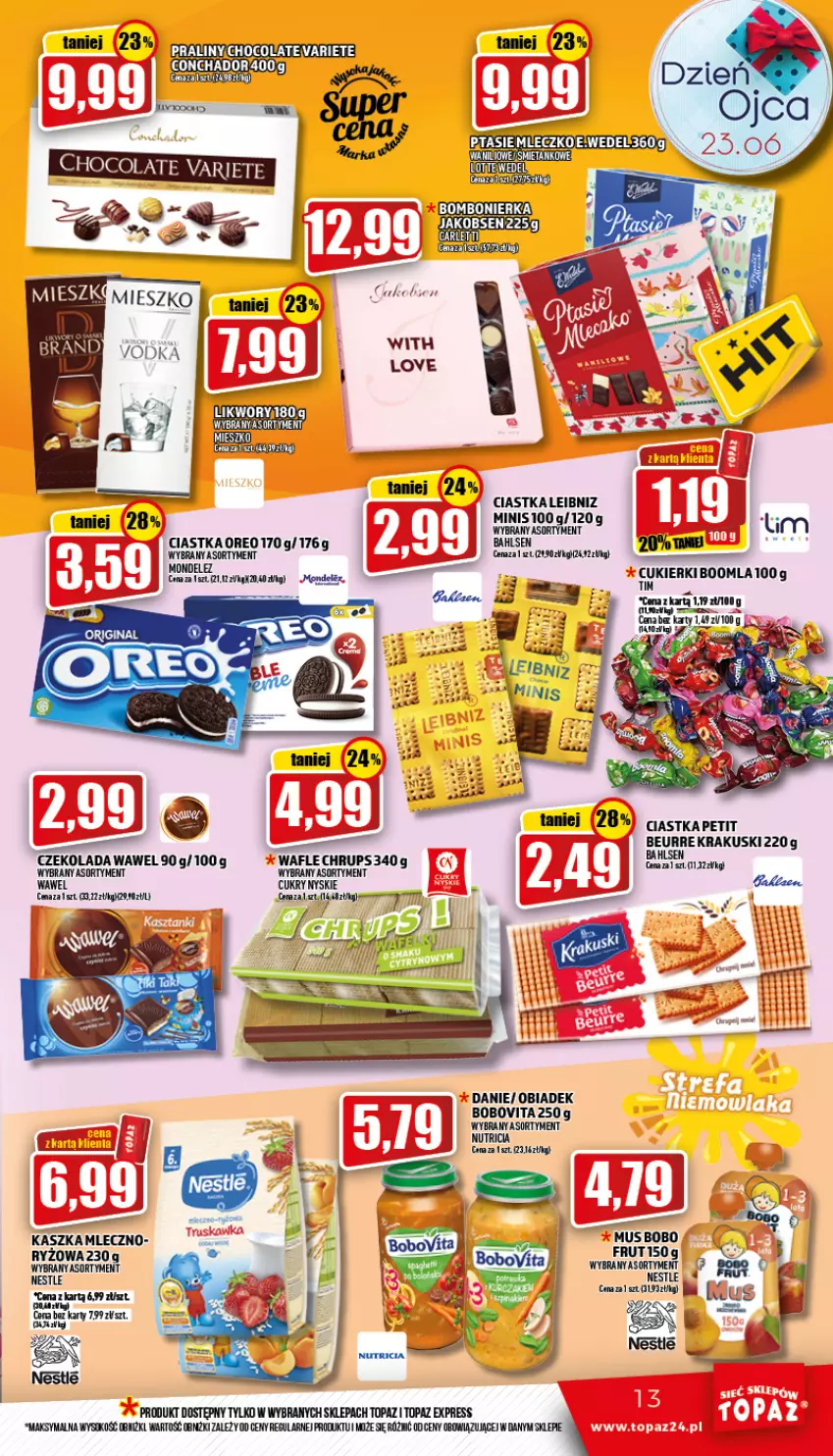 Gazetka promocyjna Topaz - Gazetka - ważna 23.06 do 29.06.2022 - strona 13 - produkty: BoboVita, Ciastka, Cukier, Cukierki, Czekolada, Mleczko, Mus, Sok, Top, Wafle, Wawel