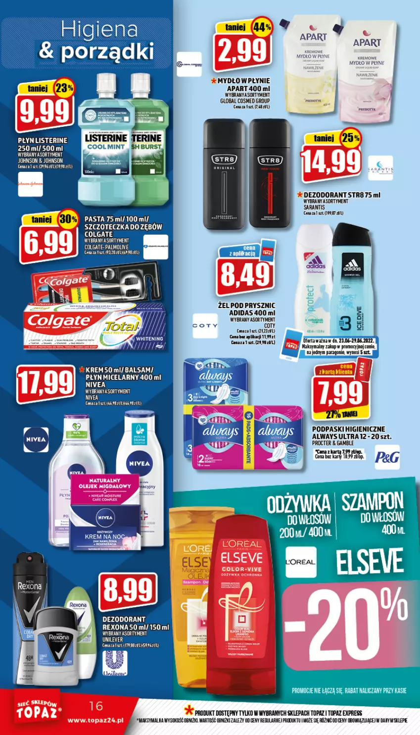 Gazetka promocyjna Topaz - Gazetka - ważna 23.06 do 29.06.2022 - strona 16 - produkty: Adidas, Always, Always Ultra, Dezodorant, LG, Listerine, Mydło, Podpaski, Rexona, Sok, Str8, Top