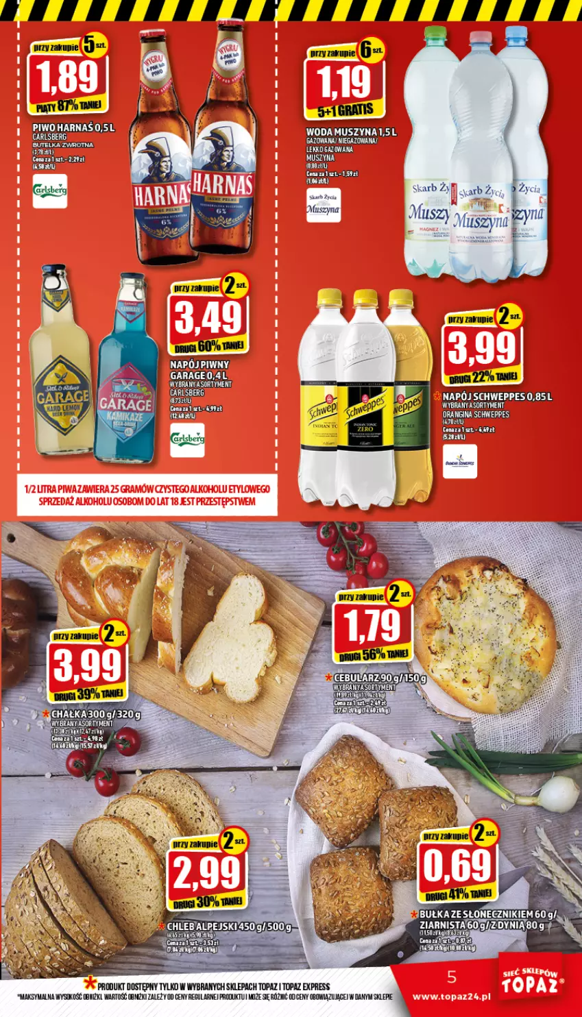 Gazetka promocyjna Topaz - Gazetka - ważna 23.06 do 29.06.2022 - strona 5 - produkty: Bułka, Carlsberg, Mus, Napój, Nuty, Schweppes, Sok, Szyna, Top, Woda