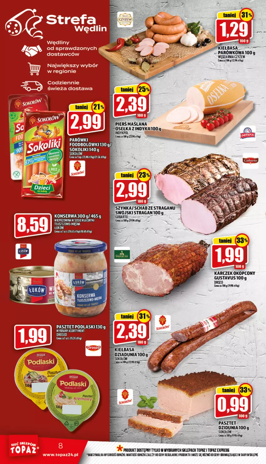 Gazetka promocyjna Topaz - Gazetka - ważna 23.06 do 29.06.2022 - strona 8 - produkty: Kiełbasa, LANA, Parówki, Pasztet, Podlaski, Sok, Sokołów, Szynka, Top