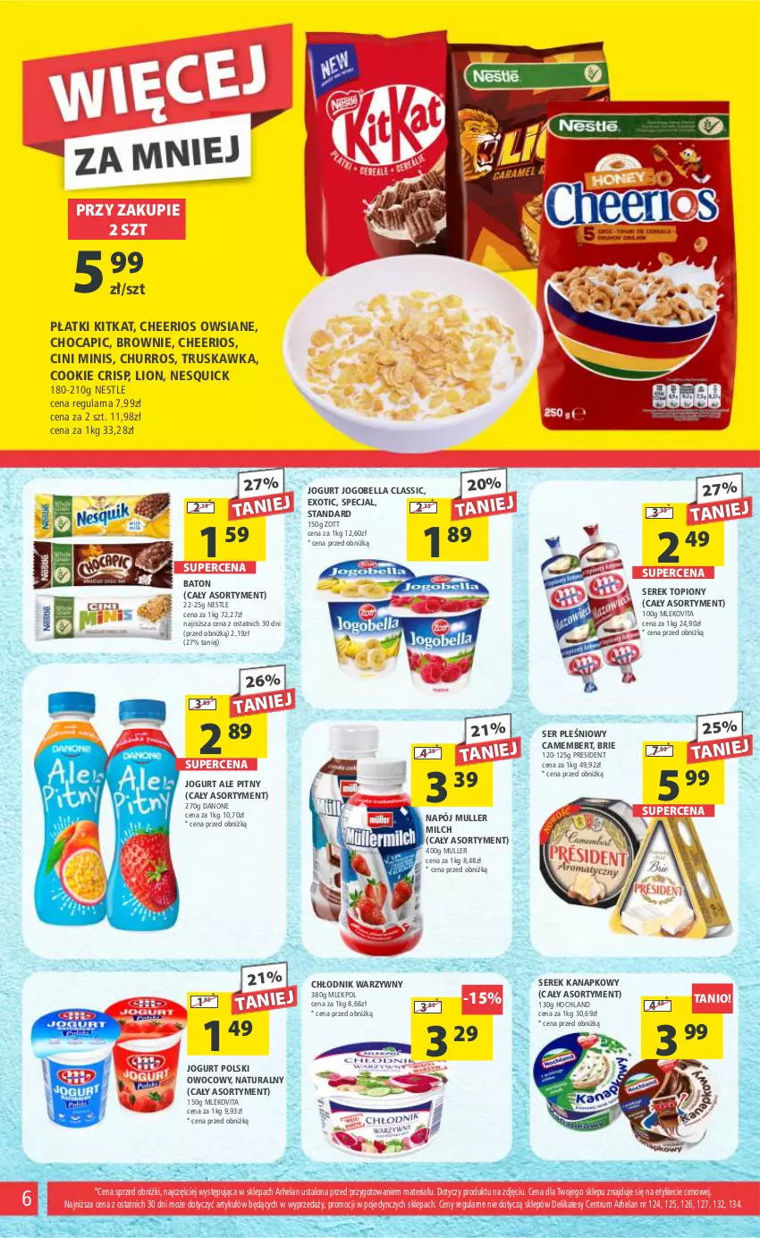 Gazetka promocyjna Arhelan - Gazetka - ważna 11.08 do 20.08.2023 - strona 6 - produkty: Baton, Bell, Bella, Brie, Brownie, Camembert, Cheerios, Cini Minis, Danone, Hochland, Jogobella, Jogurt, Lion, Mleko, Mlekovita, Napój, Rum, Ser, Ser pleśniowy, Serek, Serek kanapkowy, Top, Vita C, Zott