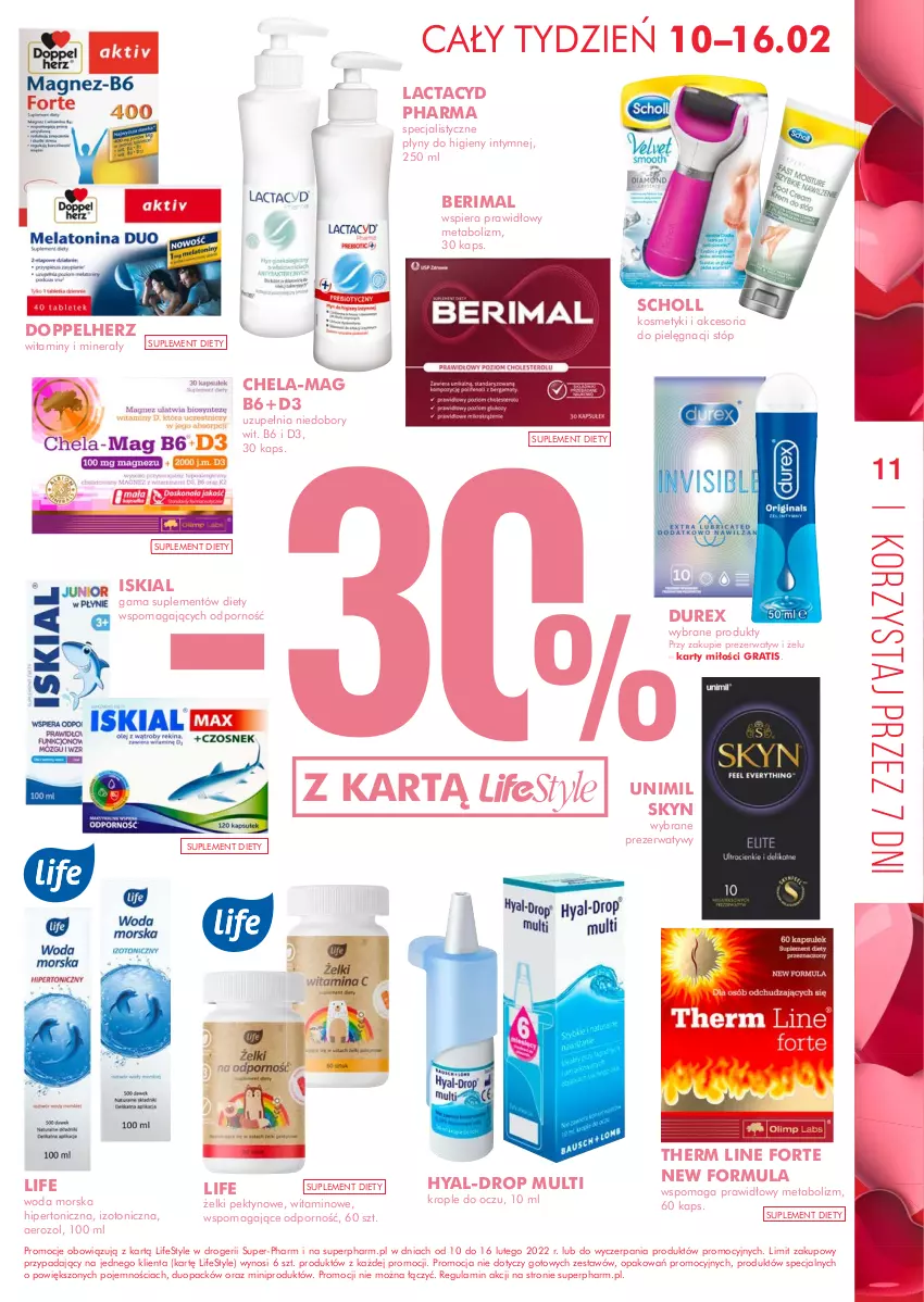 Gazetka promocyjna Super Pharm - Gazetka - ważna 10.02 do 16.02.2022 - strona 11 - produkty: Doppelherz, Durex, Iskial, Krople do oczu, Lactacyd, Por, Prezerwatyw, Scholl, Skyn, Therm Line, Unimil, Woda