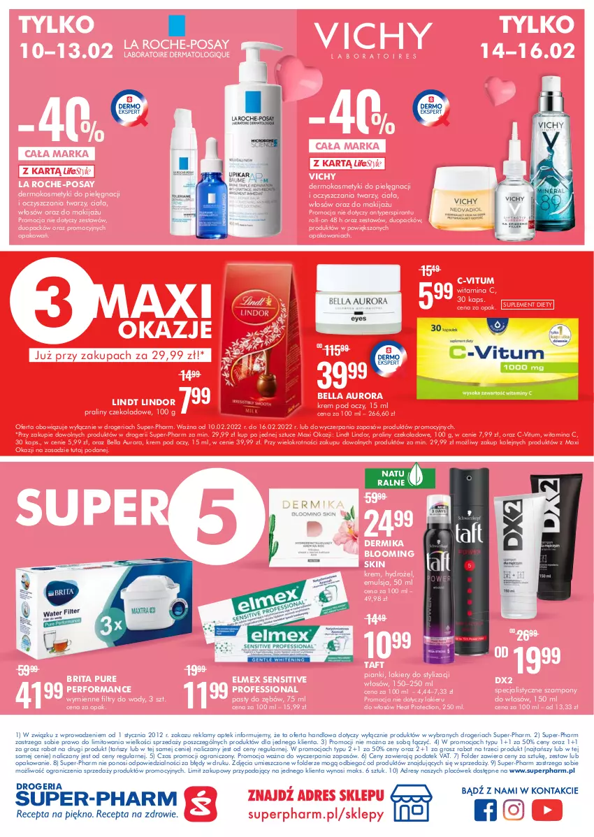 Gazetka promocyjna Super Pharm - Gazetka - ważna 10.02 do 16.02.2022 - strona 12 - produkty: Antyperspirant, Bell, Bella, Brit, Brita, Dermika, Dres, DX2, Elmex, Emulsja, Gra, Kosmetyki do pielęgnacji, Krem pod oczy, La Roche-Posay, Lakier, Lindor, Lindt, Makijaż, Olej, Praliny, Pur, Szampon, Taft, Vichy