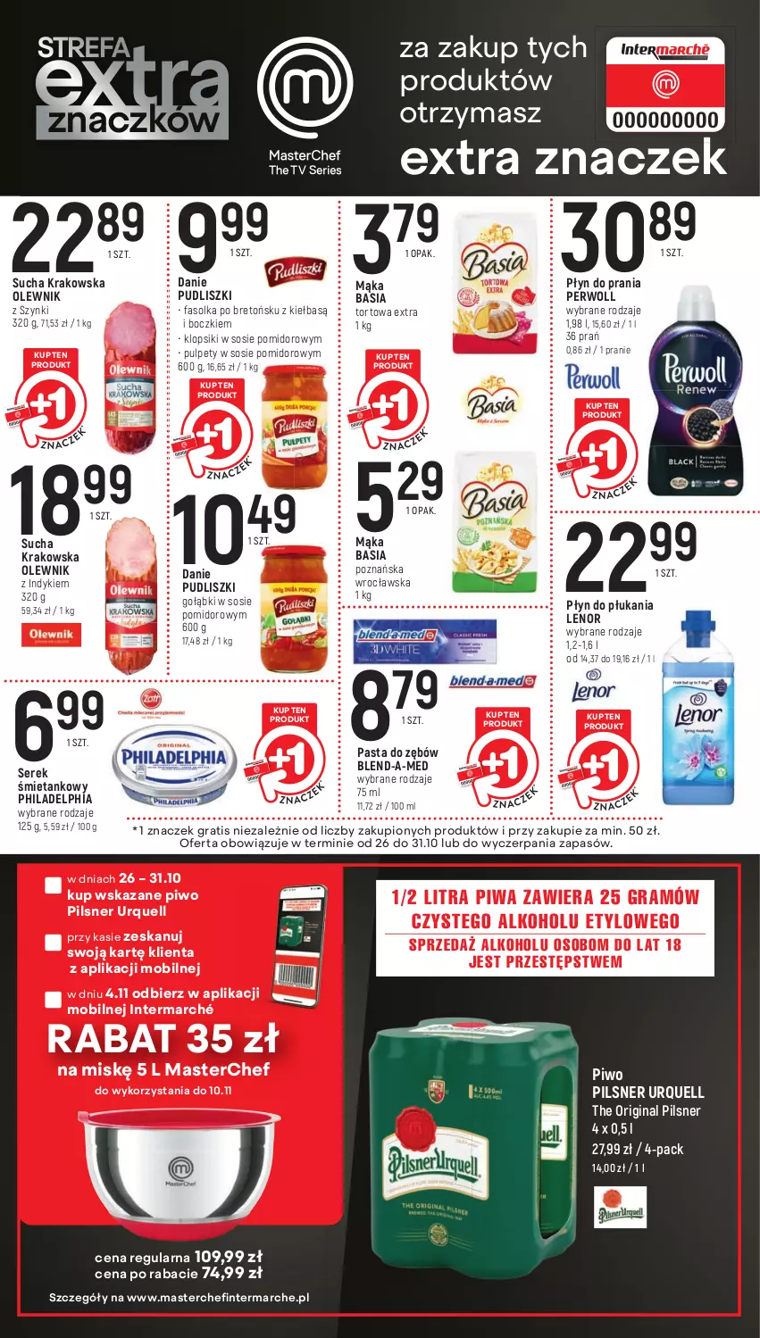 Gazetka promocyjna Intermarche - Gazetka Intermarche - ważna 26.10 do 31.10.2023 - strona 11 - produkty: Basia, Blend-a-Med, Fa, Gin, Gra, Klopsiki, Lenor, Mąka, Mobil, Olewnik, Pasta do zębów, Perwoll, Philadelphia, Pilsner Urquell, Piwa, Piwo, Płyn do płukania, Płyn do prania, Pudliszki, Pulpety, Ser, Serek, Sos