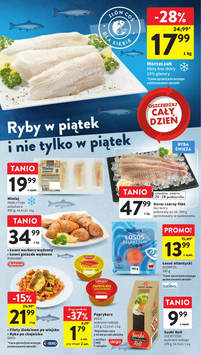 Gazetka promocyjna Intermarche - Gazetka Intermarche - ważna 26.10 do 31.10.2023 - strona 19 - produkty: Dega, Dorsz, Fa, Koc, Lazur, Mintaj, Papryka, Paprykarz, Ryba, SEKO, Suempol, Sushi