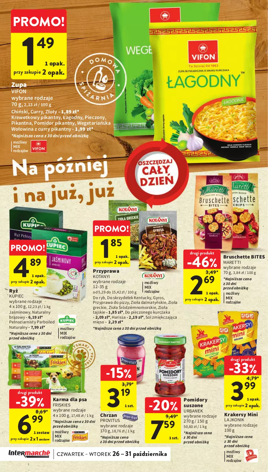 Gazetka promocyjna Intermarche - Gazetka Intermarche - ważna 26.10 do 31.10.2023 - strona 34 - produkty: Bruschette, Chrzan, Friskies, Gyros, Krakersy, Kupiec, Kurczak, Lajkonik, Mięso, Piec, Pomidory, Ryż, Sól, Sól zmiękczająca, Sól zmiękczająca mięso, Wołowina, Zupa