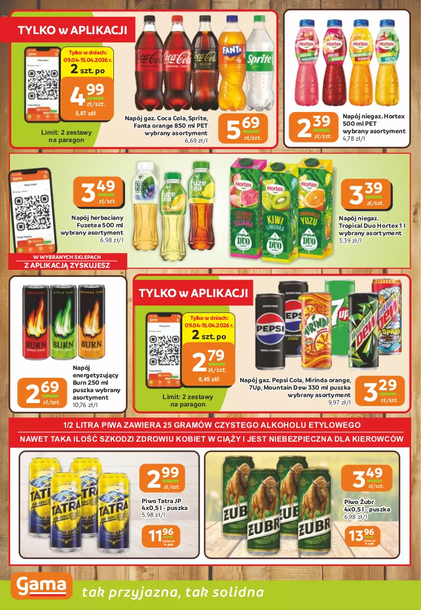Gazetka promocyjna Gama - Gazetka Gama - ważna 09.04 do 21.04.2026 - strona 10 - produkty: 7up, Fa, Fanta, Gra, Hortex, Mirinda, Napój, Pepsi, Piec, Piwa, Piwo, Sprite, Tatra, Tropical