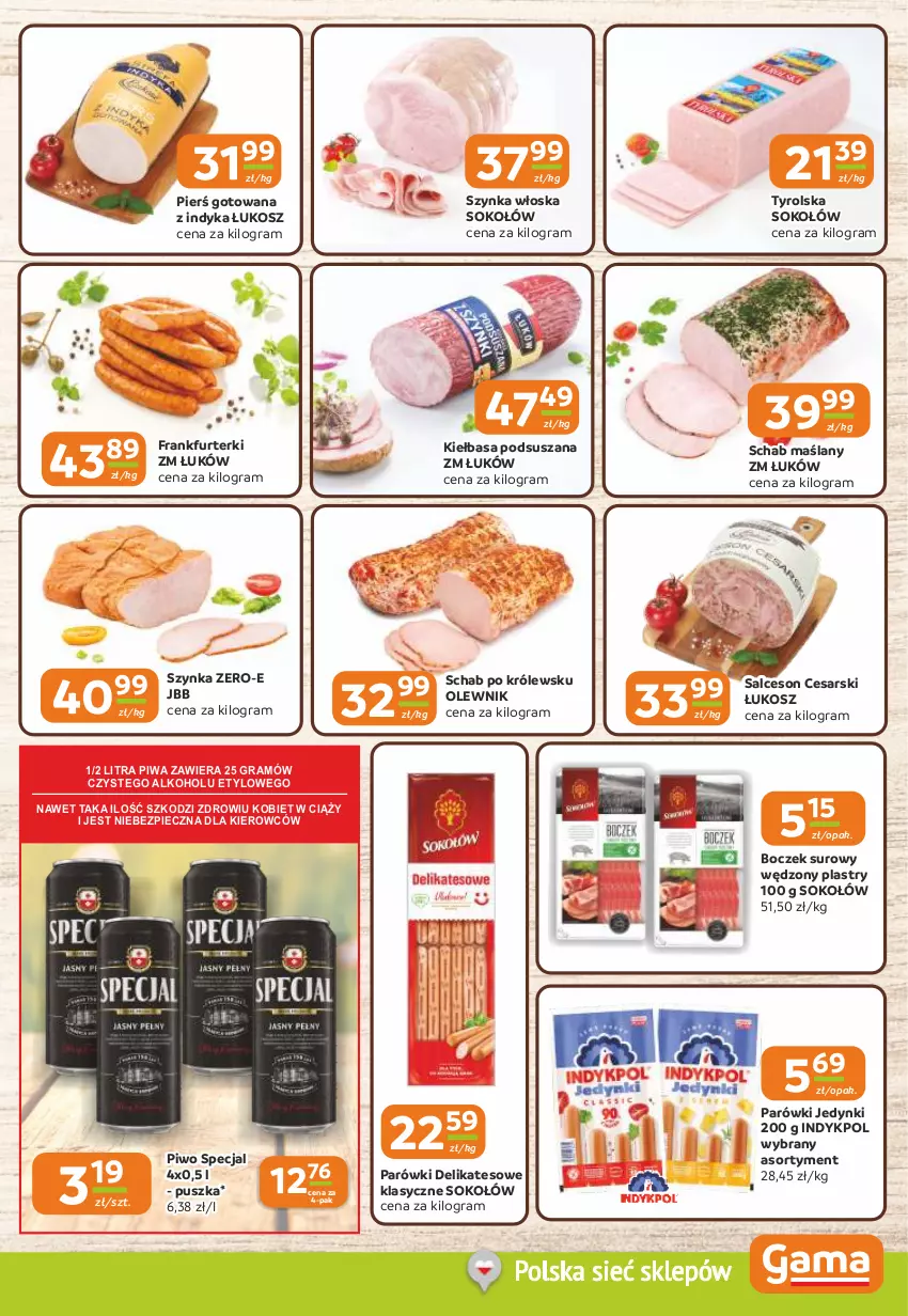 Gazetka promocyjna Gama - Gazetka Gama - ważna 09.04 do 21.04.2026 - strona 3 - produkty: Boczek, Frankfurterki, Gra, Kiełbasa, Kosz, Olewnik, Parówki, Piec, Piwa, Piwo, Salceson, Sok, Sokołów, Szynka