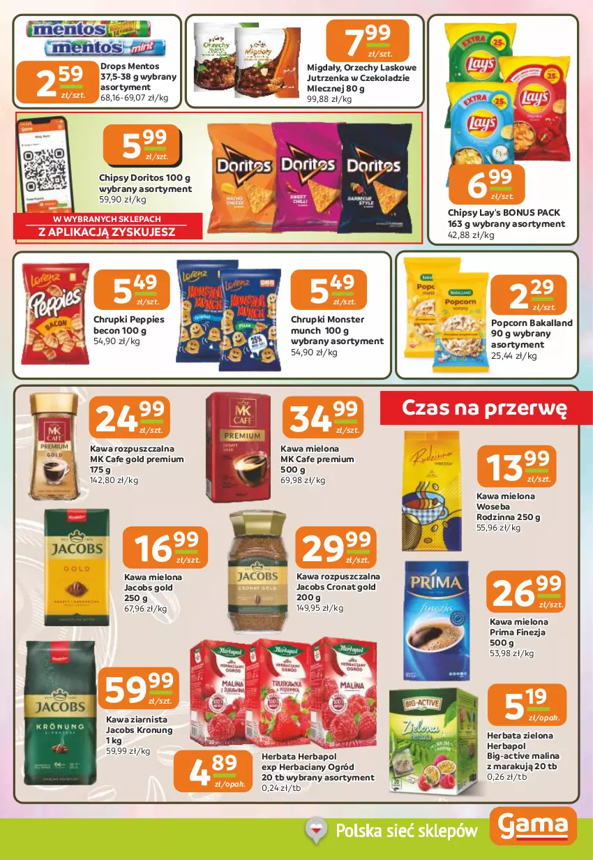 Gazetka promocyjna Gama - Gazetka Gama - ważna 09.04 do 21.04.2026 - strona 5 - produkty: Bakalland, Chipsy, Chrupki, Herbapol, Herbata, Jacobs, Jutrzenka, Kawa, Kawa mielona, Kawa rozpuszczalna, Kawa ziarnista, Mentos, Migdały, Monster Munch, Ogród, Popcorn, Prima, Woseba