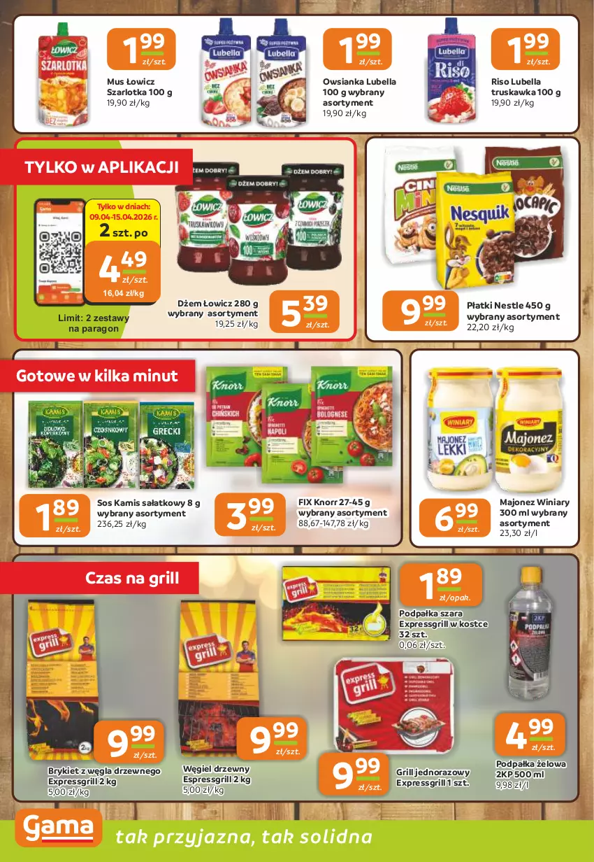 Gazetka promocyjna Gama - Gazetka Gama - ważna 09.04 do 21.04.2026 - strona 8 - produkty: Bell, Bella, Dżem, Grill, Kamis, Knorr, Lubella, Majonez, Mus, Owsianka, Sałat, Sos, Szarlotka, Węgiel drzewny, Winiary