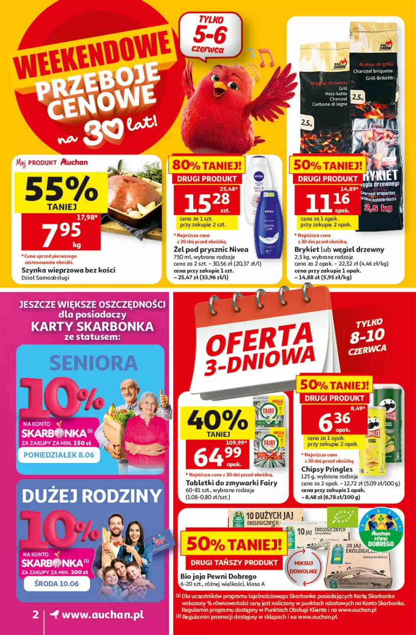 Gazetka promocyjna Auchan - Gazetka 30 Lat Supermarket Auchan - ważna 05.06 do 10.06.2026 - strona 2 - produkty: Chipsy, Fa, Fairy, Grill, Jaja, Nivea, Pringles, Szynka, Szynka wieprzowa, Tablet, Tabletki do zmywarki, Węgiel drzewny, Zmywarki