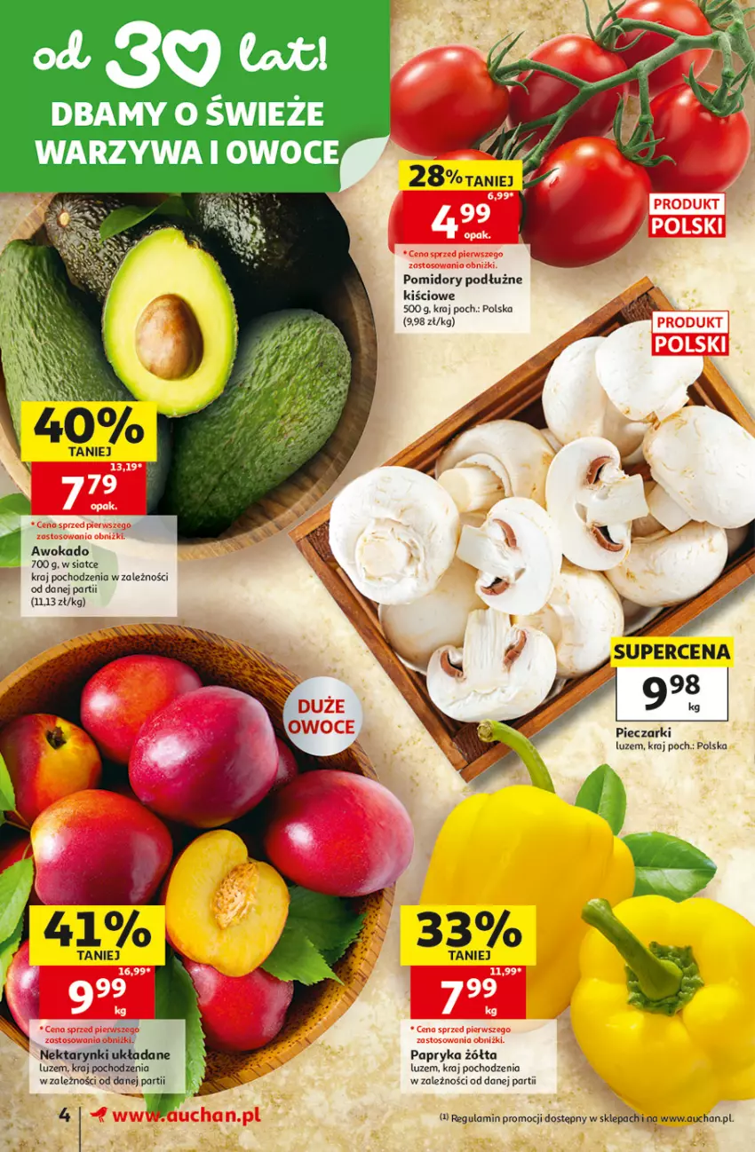 Gazetka promocyjna Auchan - Gazetka 30 Lat Supermarket Auchan - ważna 05.06 do 10.06.2026 - strona 4 - produkty: Owoce, Papryka, Papryka żółta, Piec, Pomidory, Warzywa, Warzywa i owoce