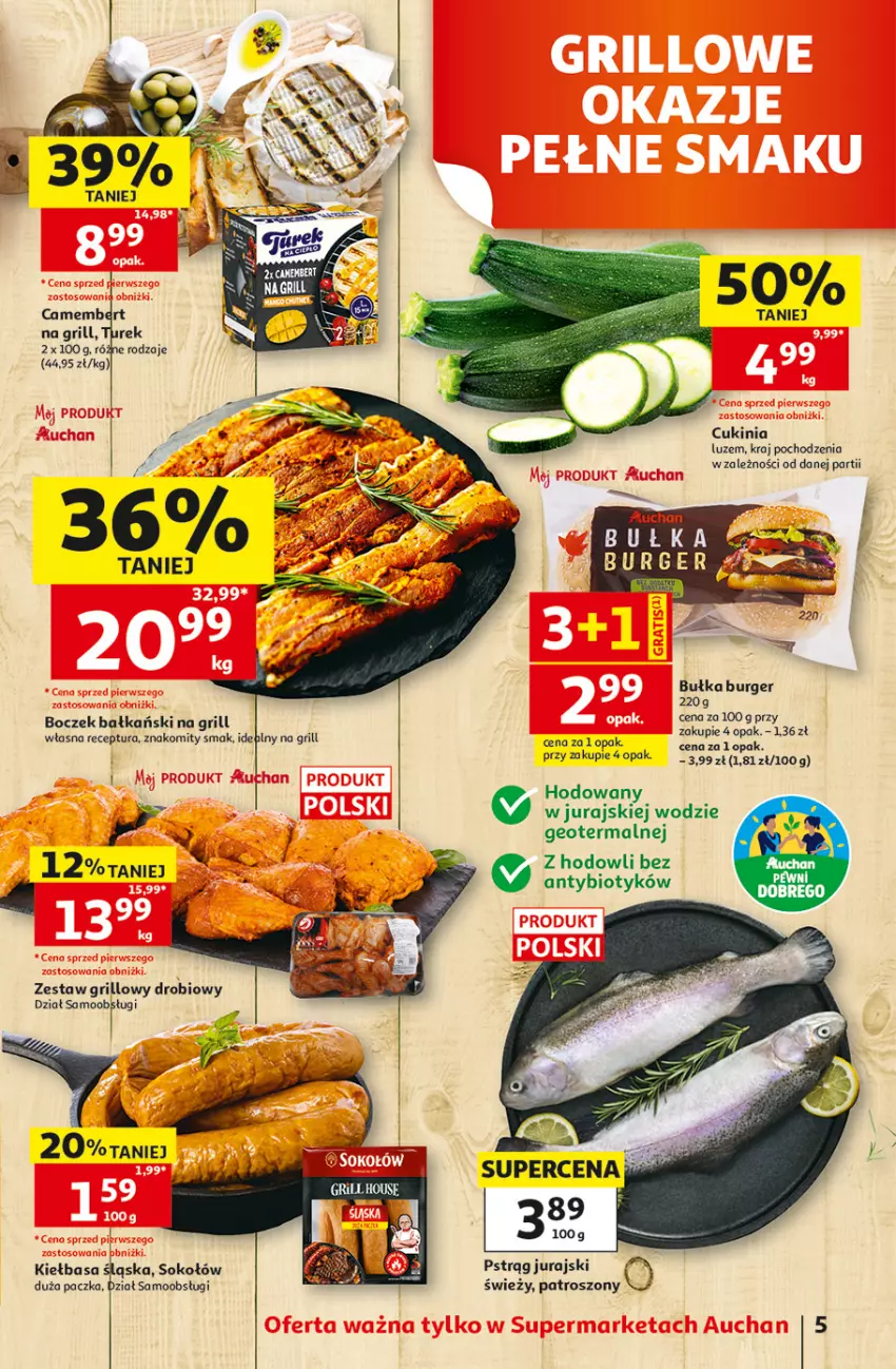 Gazetka promocyjna Auchan - Gazetka 30 Lat Supermarket Auchan - ważna 05.06 do 10.06.2026 - strona 5 - produkty: Boczek, Bułka, Burger, Grill, Kiełbasa, Kiełbasa śląska, Pstrąg, Sok, Sokołów