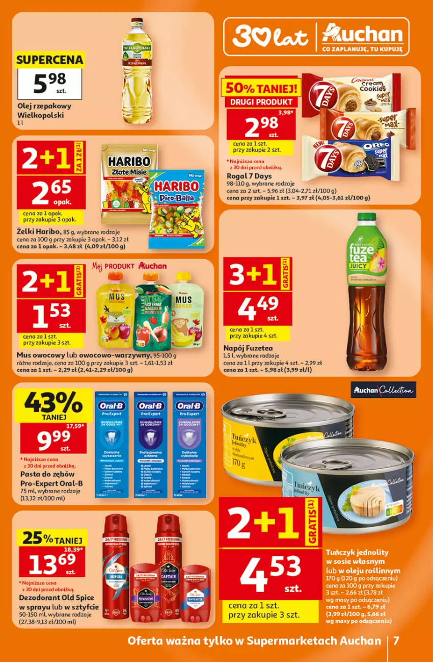 Gazetka promocyjna Auchan - Gazetka 30 Lat Supermarket Auchan - ważna 05.06 do 10.06.2026 - strona 7 - produkty: 7 Days, Dezodorant, Haribo, Mus, Napój, Old Spice, Olej, Olej rzepakowy, Pasta do zębów, Rogal