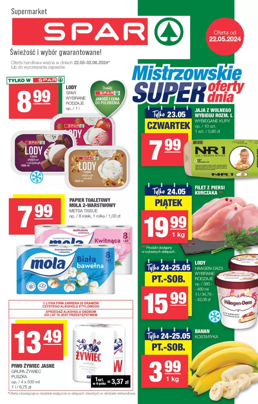 Gazetka promocyjna Spar - Spar - ważna 19.05 do 29.05.2024 - strona 1 - produkty: Jaja, Jaja z wolnego wybiegu, Kurczak, Lody, Mola, Papier, Papier toaletowy, Piwo, Surf