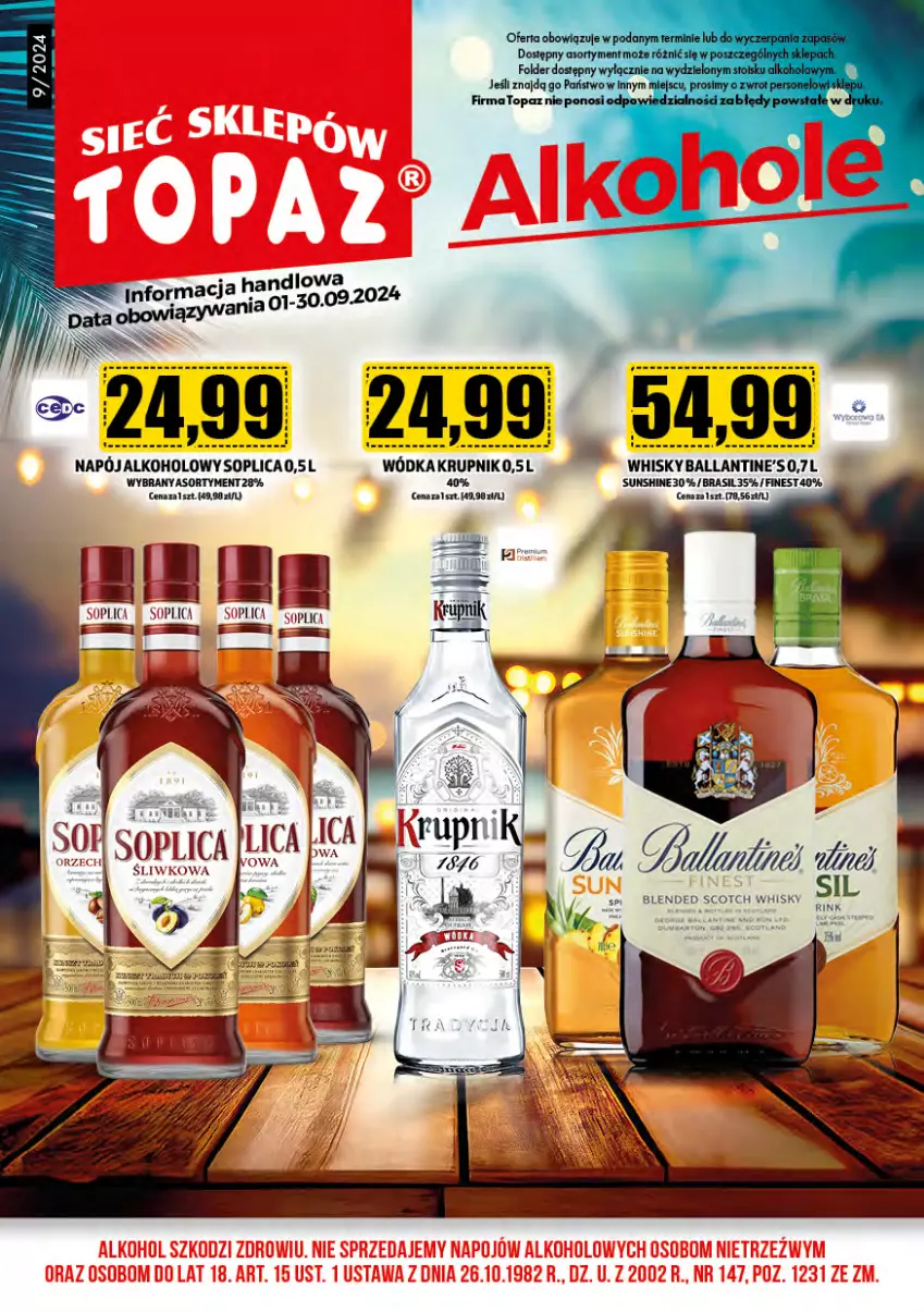 Gazetka promocyjna Topaz - Gazetka - ważna 01.09 do 30.09.2024 - strona 1 - produkty: Ballantine's, Soplica, Whisky