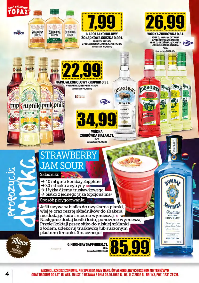 Gazetka promocyjna Topaz - Gazetka - ważna 01.09 do 30.09.2024 - strona 4 - produkty: Dżem, Gin, Krupnik, Lanki, Limonka, Napój, Por, Sitko, Sok, Wódka