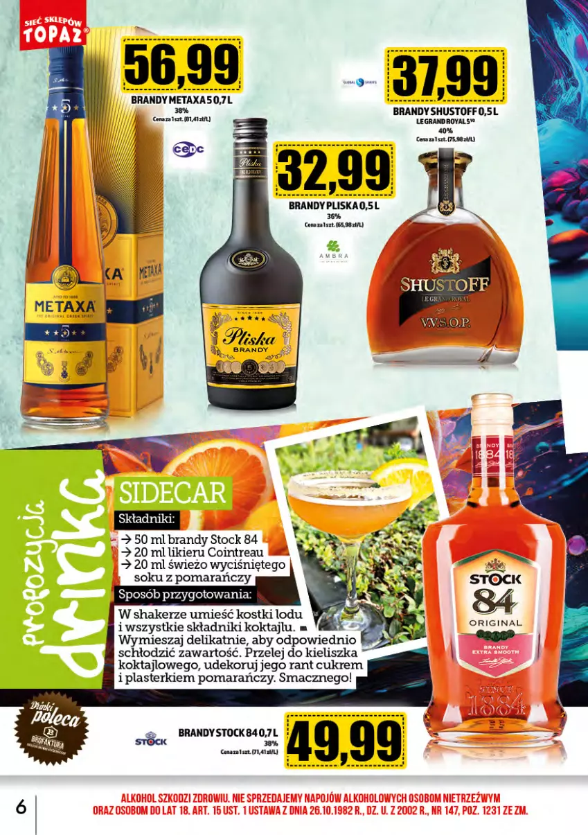 Gazetka promocyjna Topaz - Gazetka - ważna 01.09 do 30.09.2024 - strona 6 - produkty: Brandy, Gra, Likier, Metaxa, Plasterki, Pliska, Sok, Stock