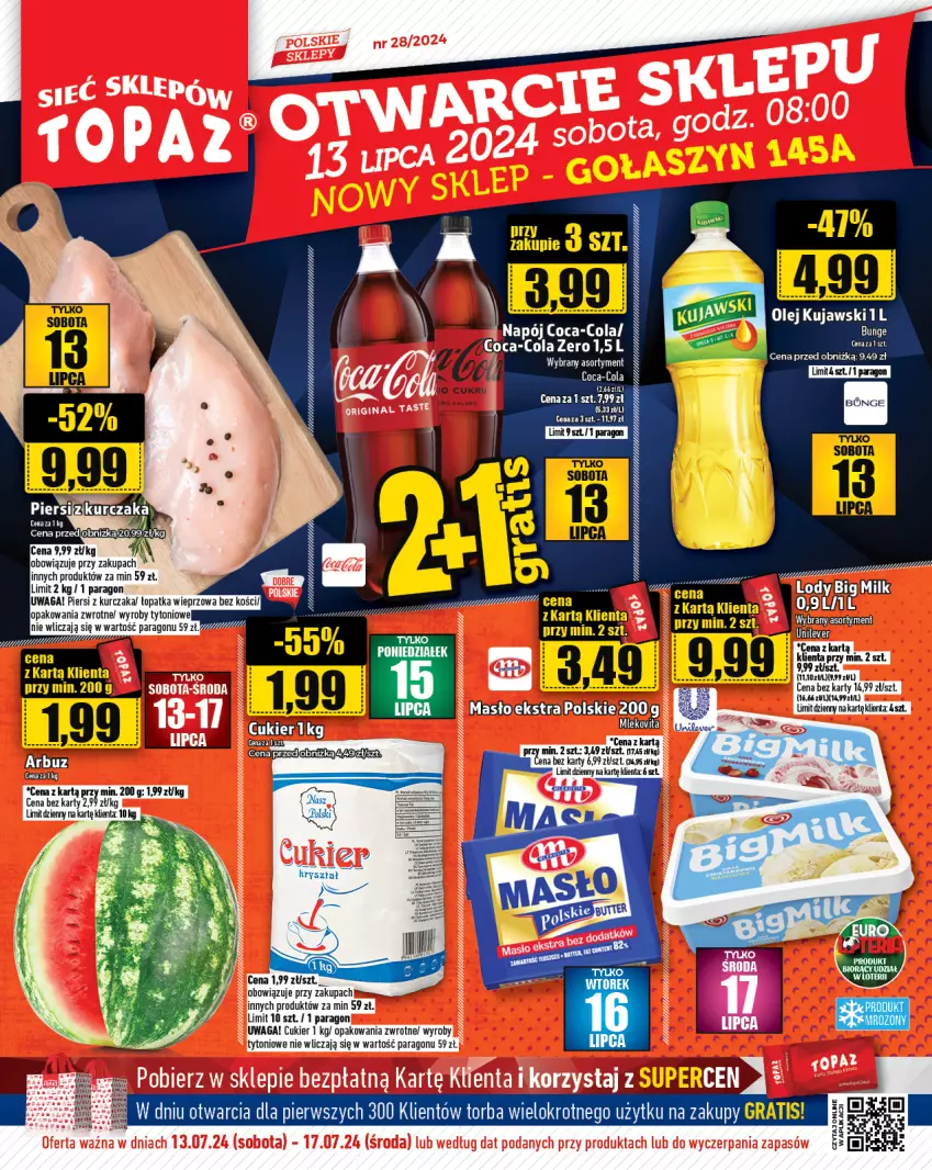 Gazetka promocyjna Topaz - Gazetka - ważna 11.07 do 17.07.2024 - strona 1 - produkty: Coca-Cola, Cukier, Jaja, Kujawski, Kurczak, LANA, Malm, Napój, Olej, Sos, Waga