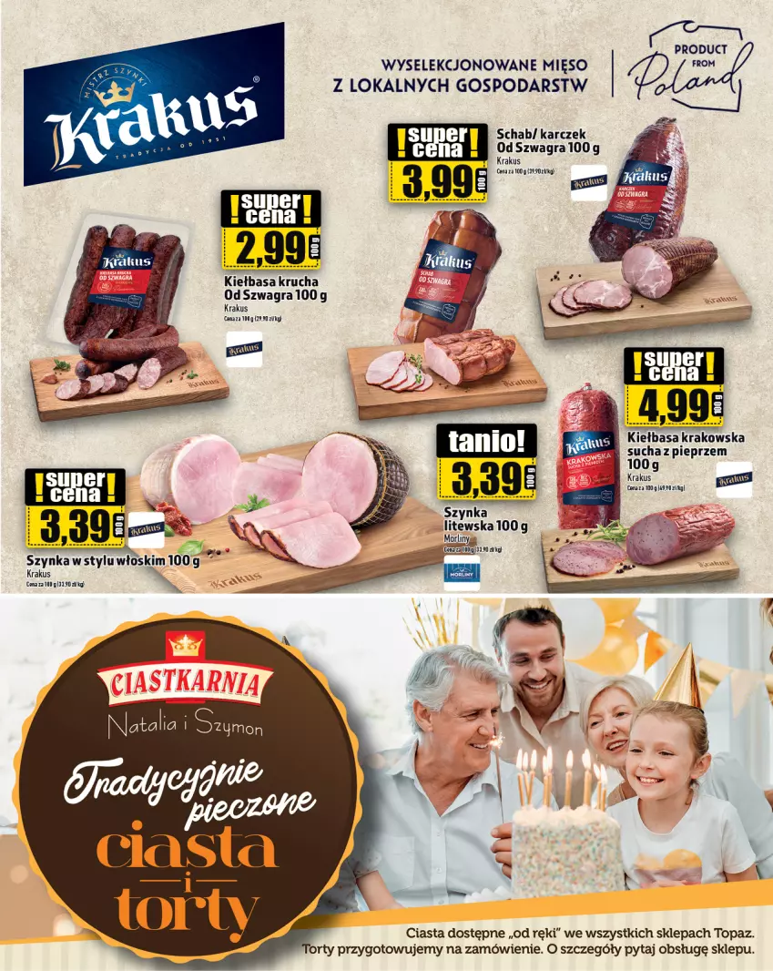 Gazetka promocyjna Topaz - Gazetka - ważna 11.07 do 17.07.2024 - strona 15 - produkty: Gra, Kiełbasa, Kiełbasa krakowska, Kiełbasa krucha, Krakus, Mięso, Morliny, Pieprz, Szynka, Top