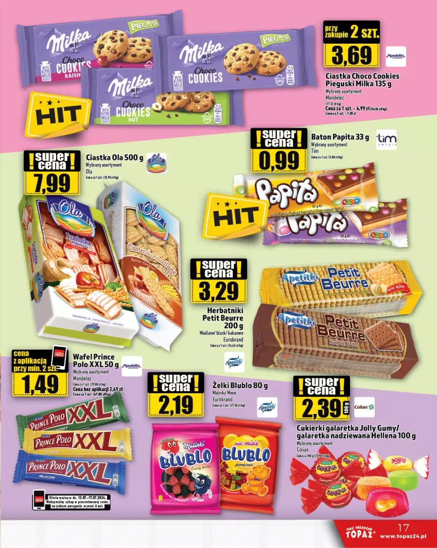 Gazetka promocyjna Topaz - Gazetka - ważna 11.07 do 17.07.2024 - strona 17 - produkty: Baton, Ciastka, Cukier, Cukierki, Gala, Galaretka, Hellena, Herbatniki, Herbatniki Petit Beurre, Kakao, Lack, Milka