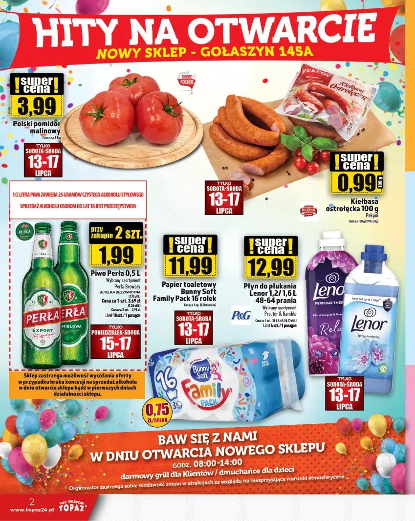 Gazetka promocyjna Topaz - Gazetka - ważna 11.07 do 17.07.2024 - strona 2 - produkty: 7 Days, Fa, Lenor, Papier, Papier toaletowy, Pekpol, Perła, Piwo, Płyn do płukania