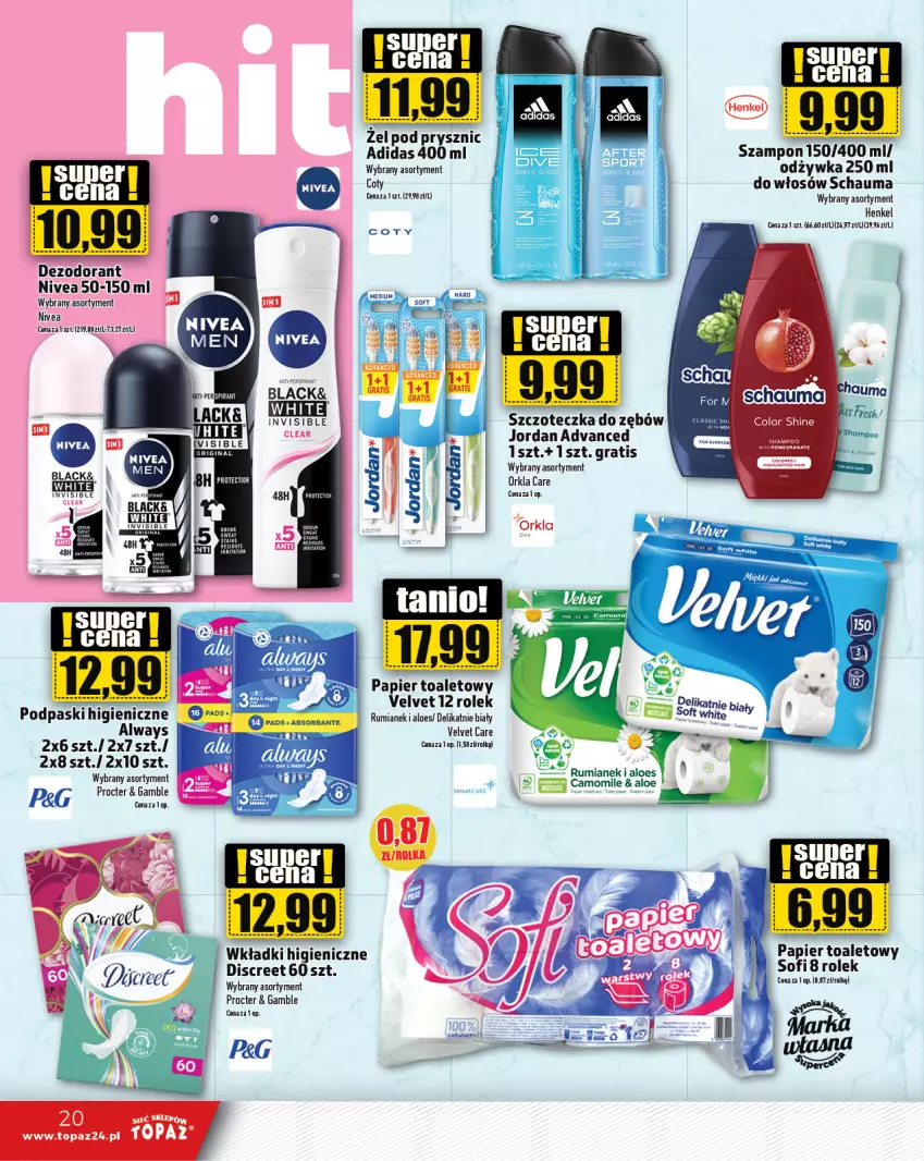 Gazetka promocyjna Topaz - Gazetka - ważna 11.07 do 17.07.2024 - strona 20 - produkty: Adidas, Always, Dezodorant, Discreet, Fa, Gra, Lack, Nivea, Odżywka, Papier, Papier toaletowy, Podpaski, Rum, Schauma, Szampon, Szczoteczka, Szczoteczka do zębów, Top, Velvet, Wkładki