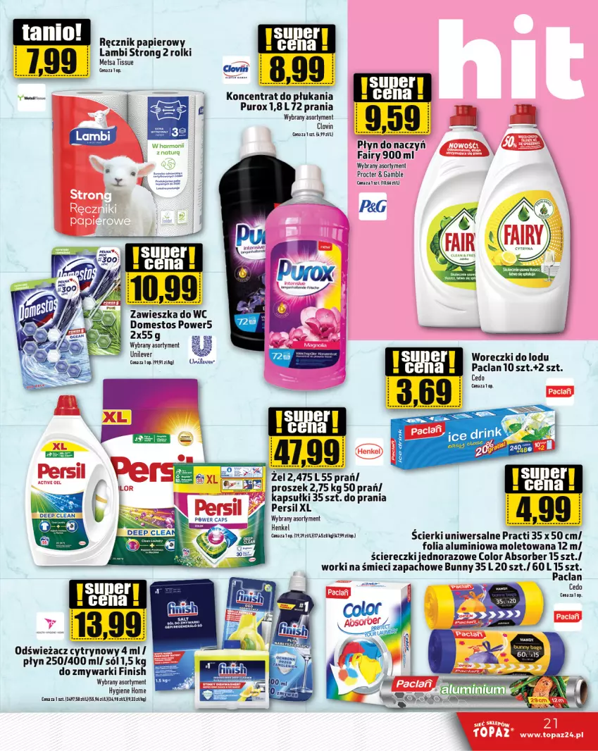 Gazetka promocyjna Topaz - Gazetka - ważna 11.07 do 17.07.2024 - strona 21 - produkty: Domestos, Fa, Fairy, Finish, Folia aluminiowa, Lovi, Papier, Persil, Pur, Ręcznik, Rolki, Sól, Woreczki do lodu, Worki na śmiec, Worki na śmieci, Zawieszka do wc, Zmywarki