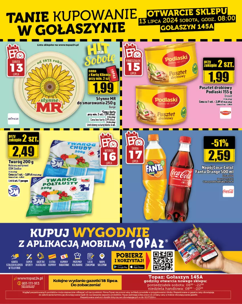 Gazetka promocyjna Topaz - Gazetka - ważna 11.07 do 17.07.2024 - strona 24 - produkty: Coca-Cola, Fa, Fanta, Mobil, Olej, Pasztet, Podlaski, Telefon, Top, Twaróg