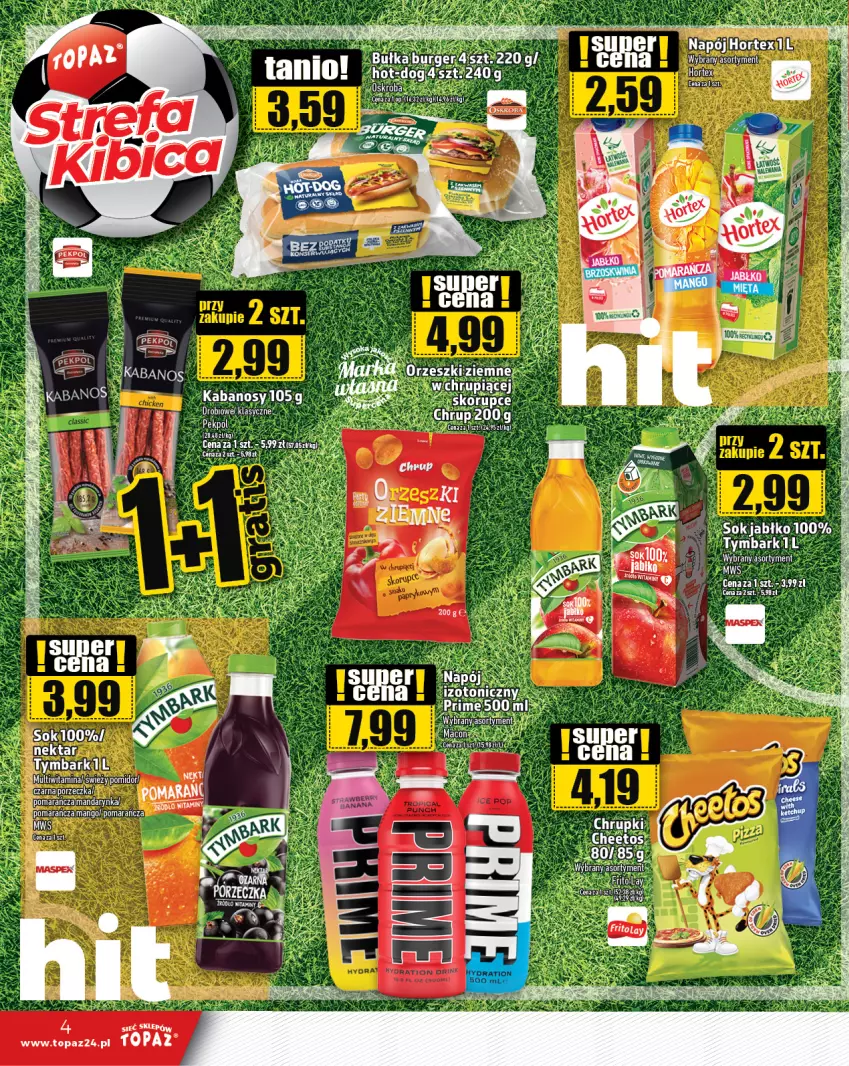 Gazetka promocyjna Topaz - Gazetka - ważna 11.07 do 17.07.2024 - strona 4 - produkty: Hortex, Kabanos, Mango, Napój, Nektar, Orzeszki, Orzeszki ziemne, Top, Tymbark