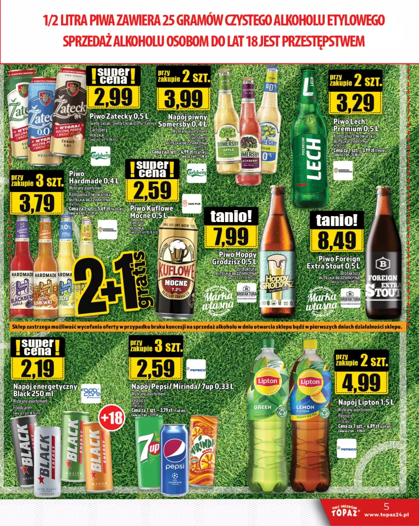 Gazetka promocyjna Topaz - Gazetka - ważna 11.07 do 17.07.2024 - strona 5 - produkty: 7up, Fa, Gra, K2, Lack, Mirinda, Napój, Pepsi, Piwa, Piwo, Somersby, Top