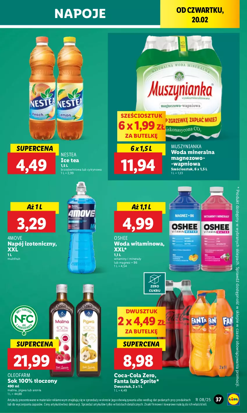 Gazetka promocyjna Lidl - GAZETKA - ważna 20.02 do 22.02.2025 - strona 43 - produkty: Aronia, Coca-Cola, Fa, Fanta, Ice tea, Magnez, Mus, Muszynianka, Napój, Napój izotoniczny, Napoje, Nestea, Oleo, Oleofarm, Oshee, Sok, Sprite, Woda, Woda mineralna