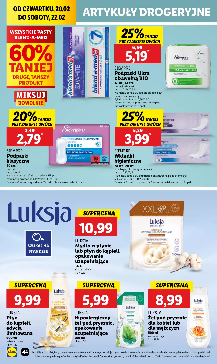 Gazetka promocyjna Lidl - GAZETKA - ważna 20.02 do 22.02.2025 - strona 50 - produkty: Blend-a-Med, Luksja, Mydło, Mydło w płynie, Płyn do kąpieli, Podpaski, Wkładki