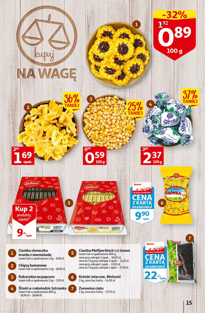 Gazetka promocyjna Auchan - Szkoła oszczędzania Temat PrzeSmaczne oferty Hipermarkety - ważna 04.08 do 10.08.2022 - strona 15 - produkty: Ciastka, Jutrzenka, Krówki mleczne, Kukurydza, Lack, Mola, Popcorn