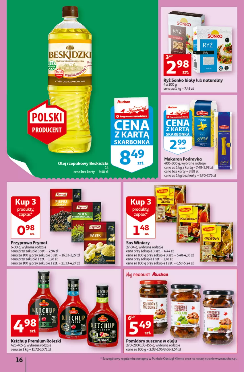 Gazetka promocyjna Auchan - Szkoła oszczędzania Temat PrzeSmaczne oferty Hipermarkety - ważna 04.08 do 10.08.2022 - strona 16 - produkty: Ketchup, Makaron, Olej, Piec, Podravka, Pomidory, Prymat, Ryż, Sonko, Sos, Winiary